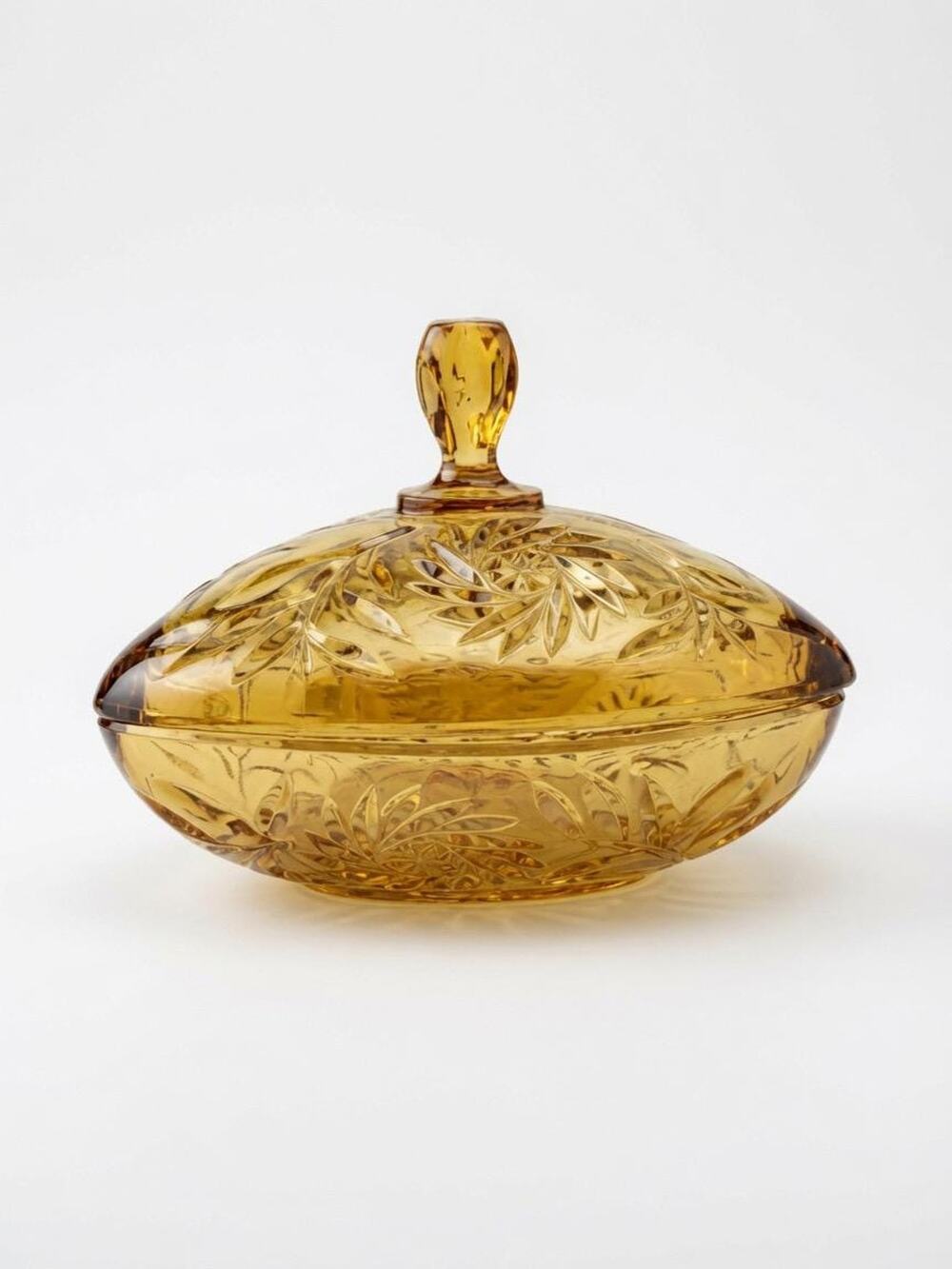 Vintage Amber Pressed Glass Covered Candy Dish Pinwheel Leaf Pattern MCM AS-IS
